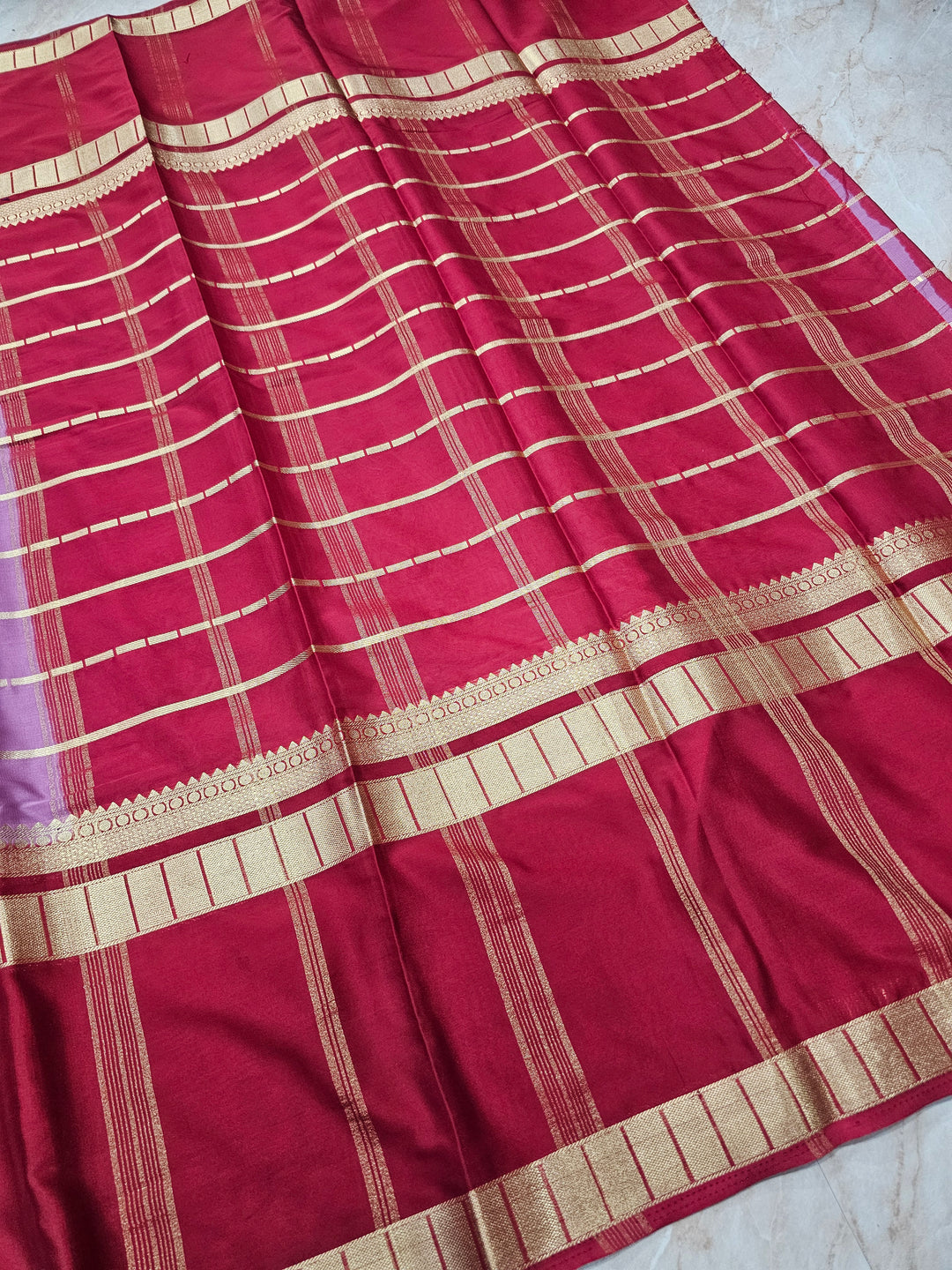 MYSORE CREPE IN LAVENDER WITH RED BORDER