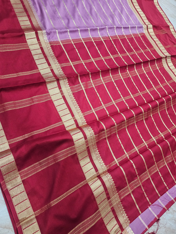 MYSORE CREPE IN LAVENDER WITH RED BORDER