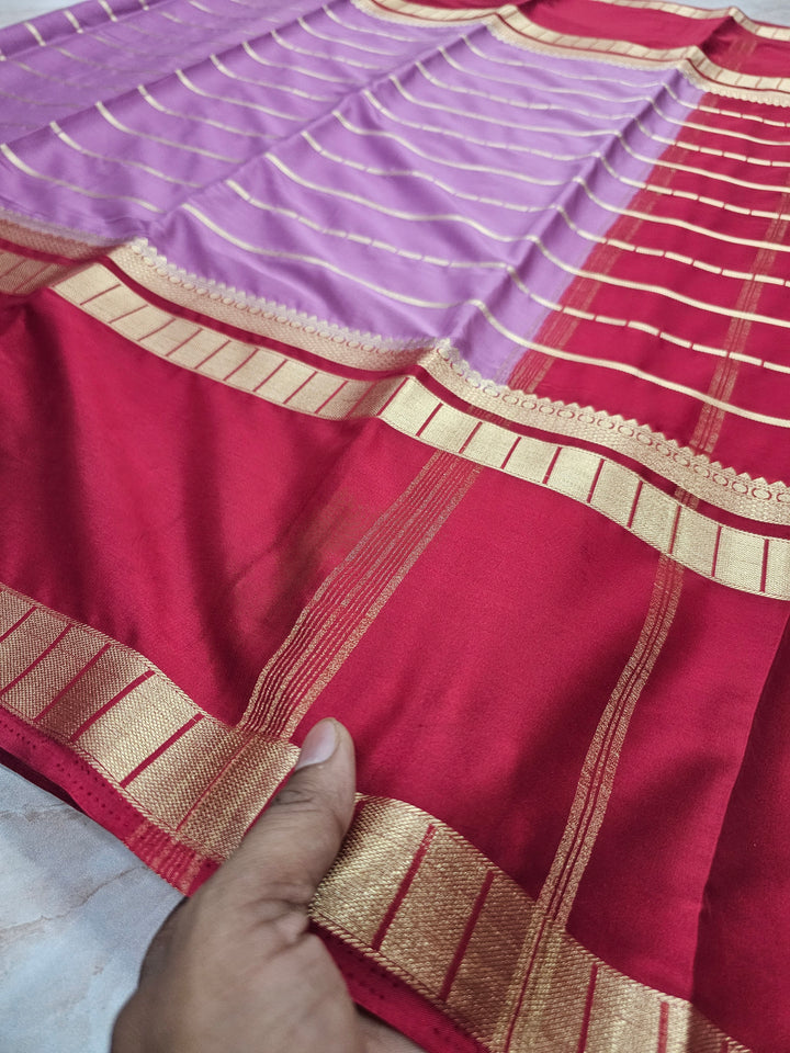 MYSORE CREPE IN LAVENDER WITH RED BORDER