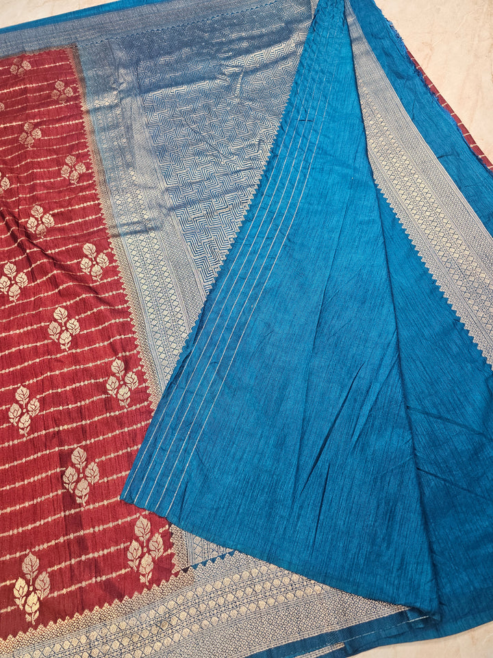 GARNET COLOUR SOFT MATKA LINEN WITH ROYAL BLUE BORDER
