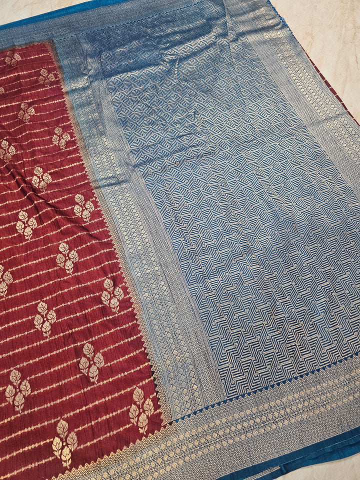 GARNET COLOUR SOFT MATKA LINEN WITH ROYAL BLUE BORDER