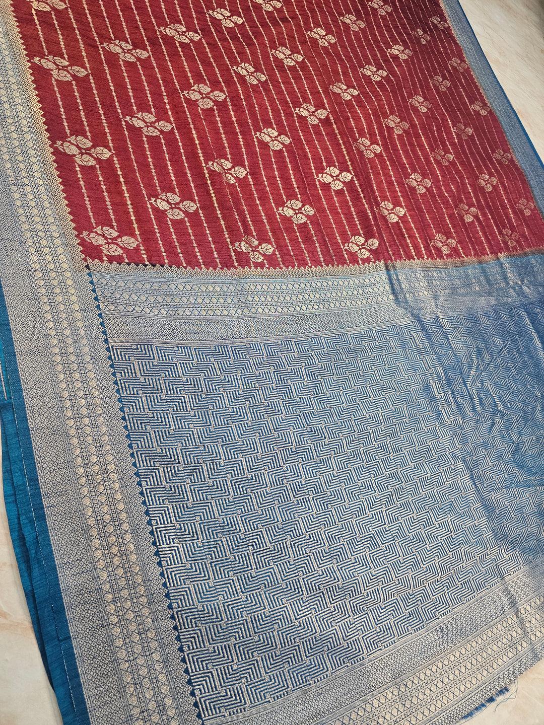 GARNET COLOUR SOFT MATKA LINEN WITH ROYAL BLUE BORDER