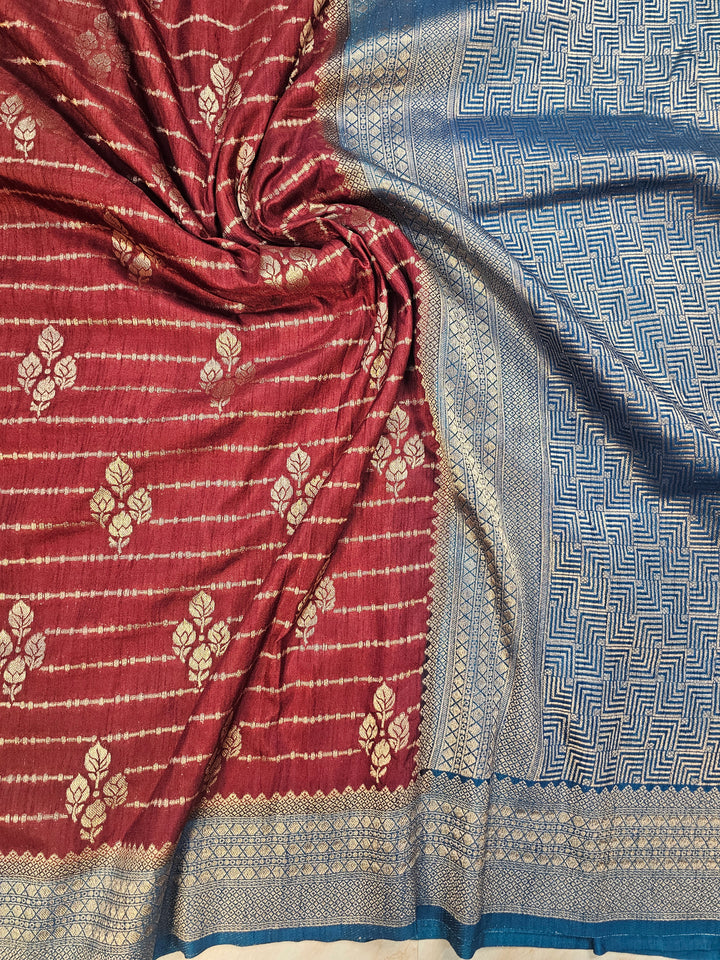 GARNET COLOUR SOFT MATKA LINEN WITH ROYAL BLUE BORDER