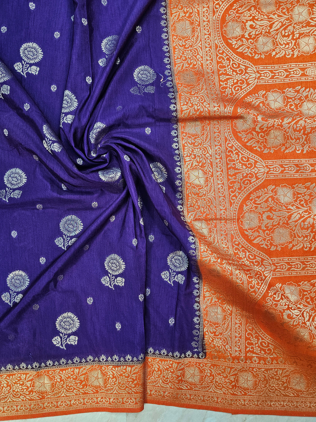 SOFT MATKA LINEN IN INDIGO WITH ORANGE BORDER