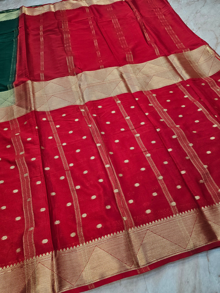 MYSORE CREPE IN BOTTLE GREEN WITH RED COLOUR