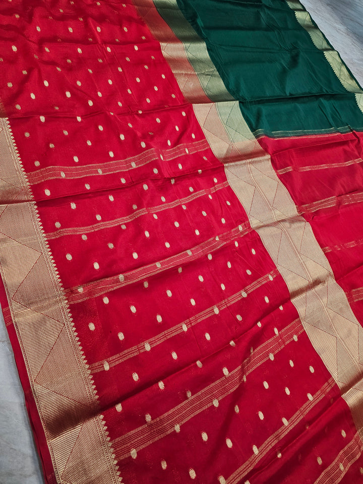 MYSORE CREPE IN BOTTLE GREEN WITH RED COLOUR