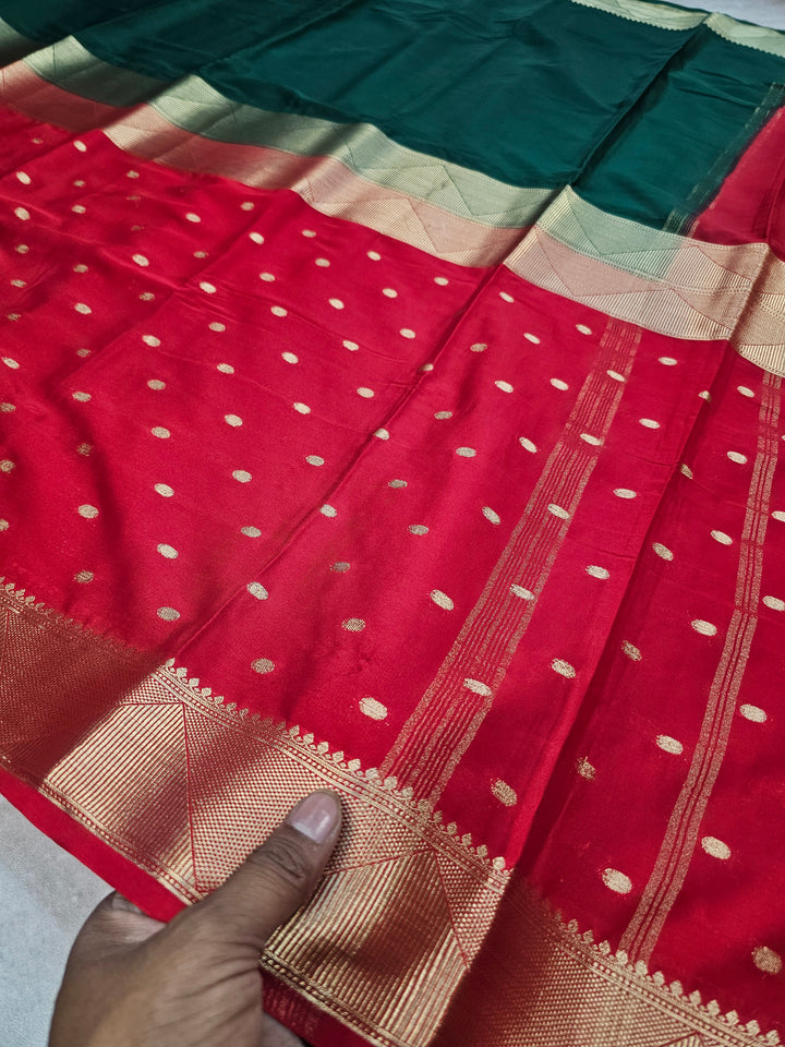 MYSORE CREPE IN BOTTLE GREEN WITH RED COLOUR
