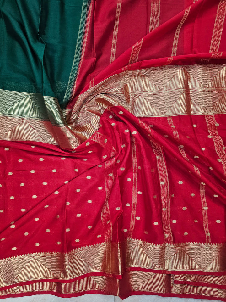 MYSORE CREPE IN BOTTLE GREEN WITH RED COLOUR
