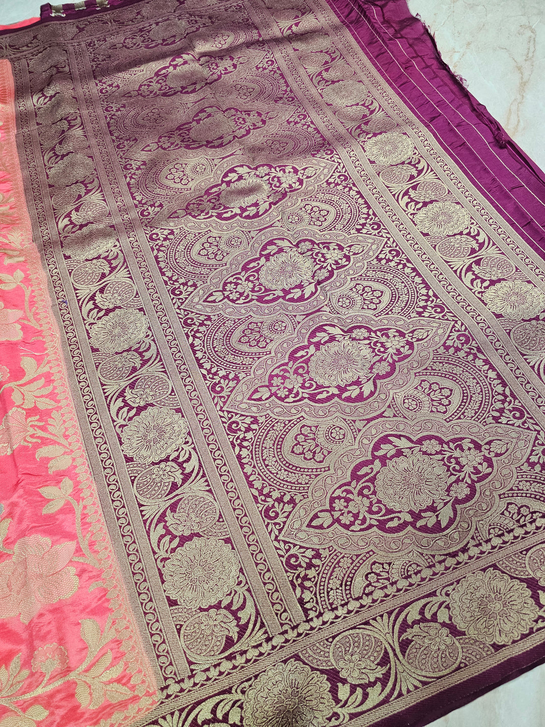 RUSSIAN SILK IN PEACH WITH MAGENTA BORDER