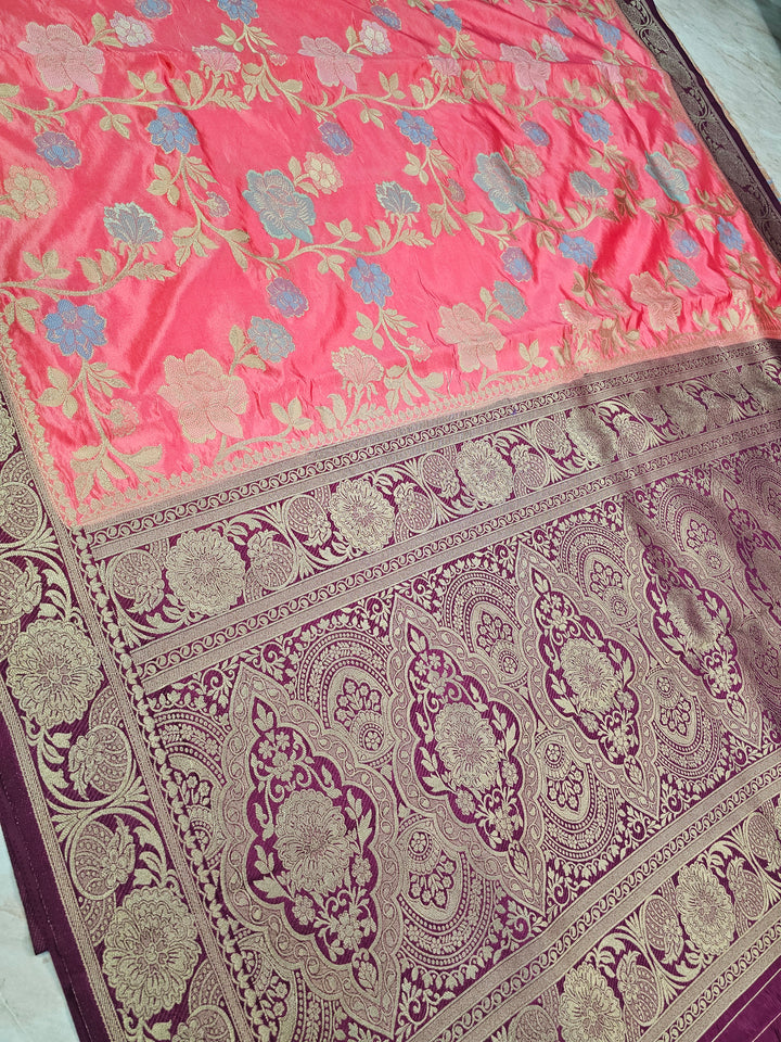 RUSSIAN SILK IN PEACH WITH MAGENTA BORDER