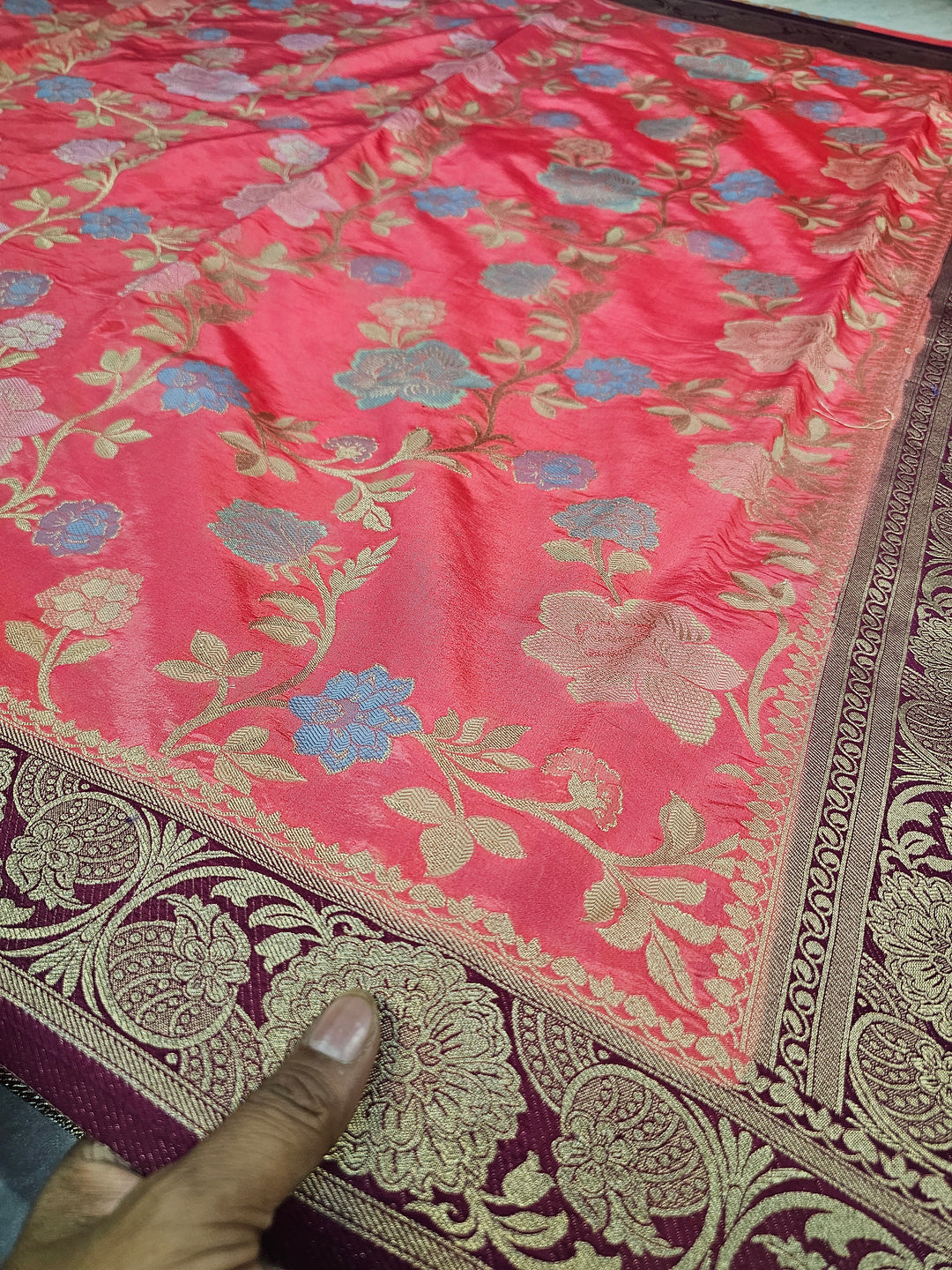RUSSIAN SILK IN PEACH WITH MAGENTA BORDER