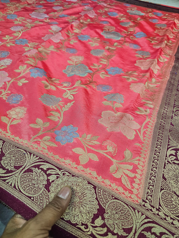 RUSSIAN SILK IN PEACH WITH MAGENTA BORDER
