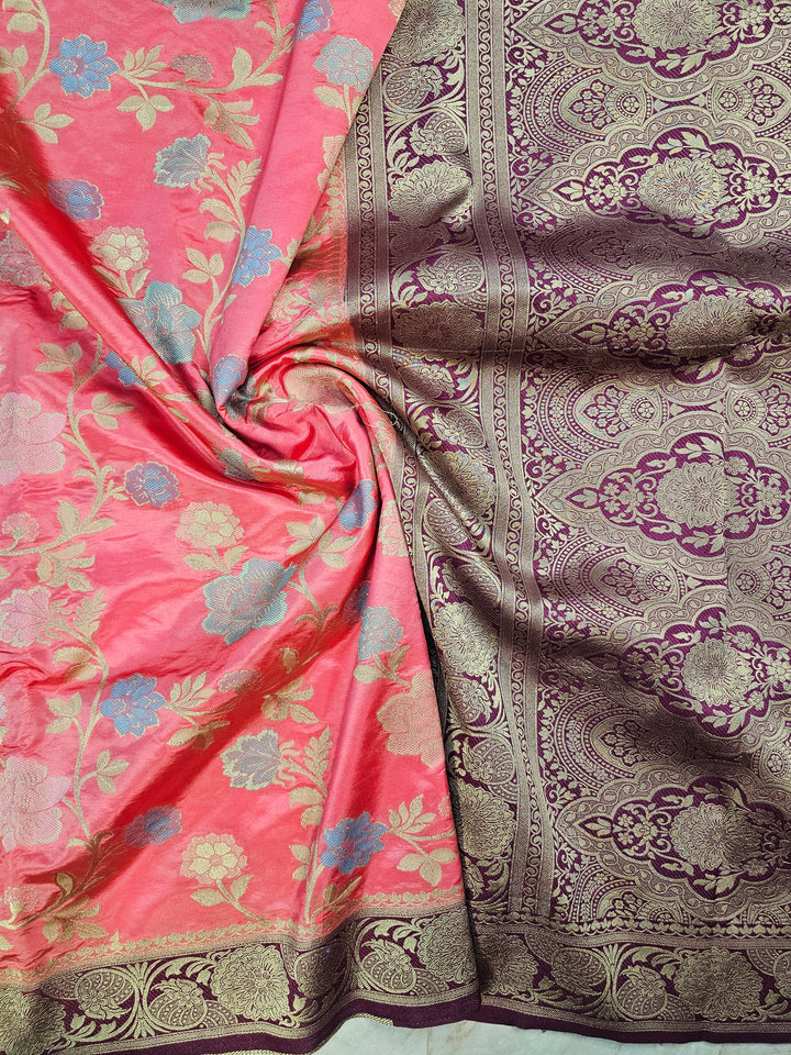 RUSSIAN SILK IN PEACH WITH MAGENTA BORDER