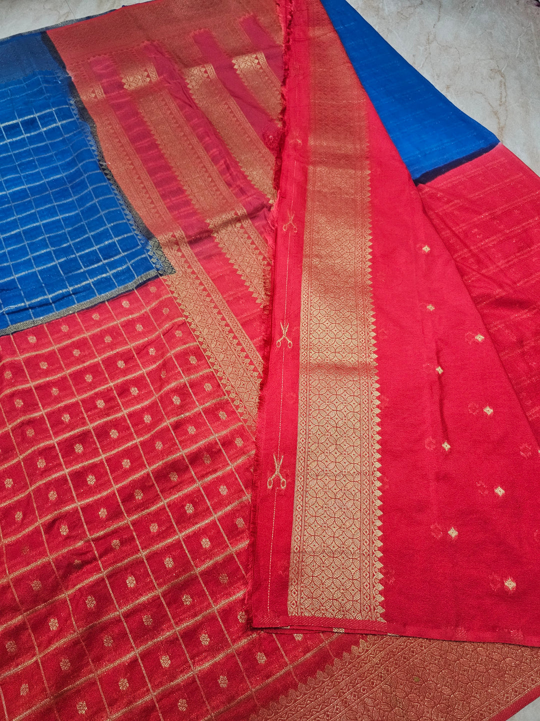 KHADDI GEROGETTE IN ROYAL BLUE WITH PEACH COLOUR