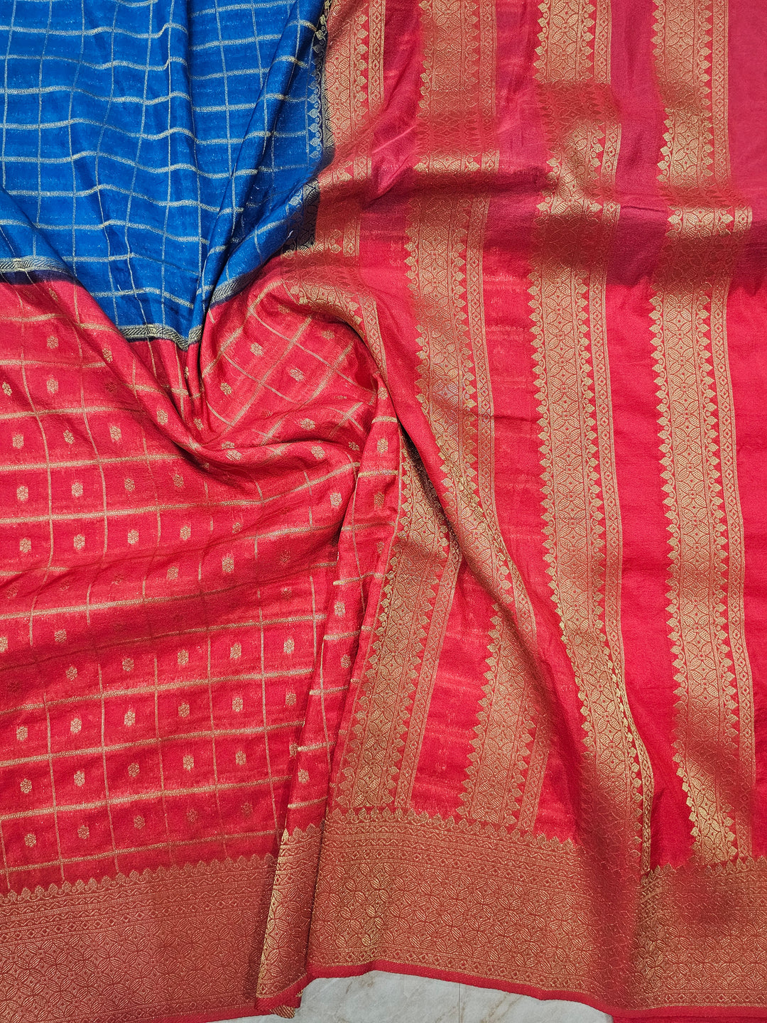 KHADDI GEROGETTE IN ROYAL BLUE WITH PEACH COLOUR