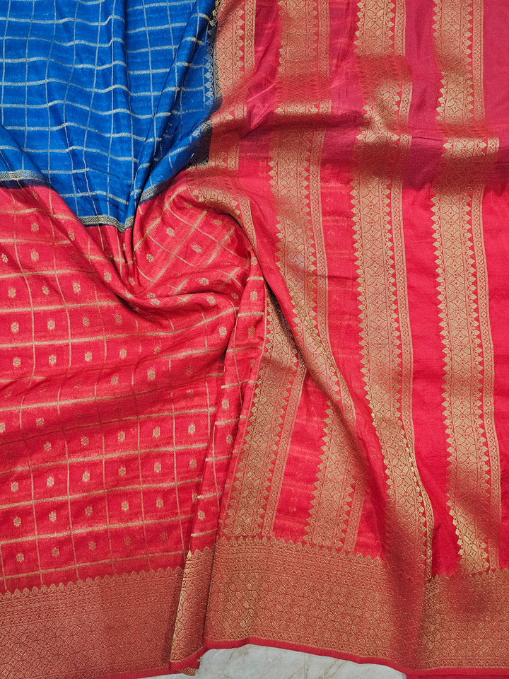 KHADDI GEROGETTE IN ROYAL BLUE WITH PEACH COLOUR