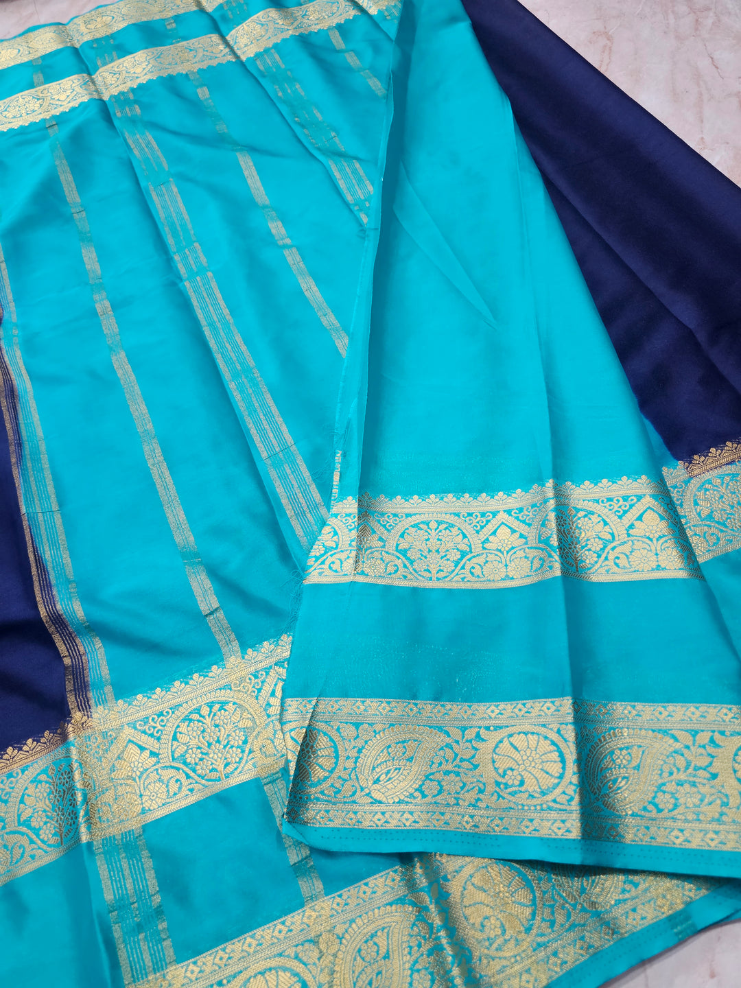 MYSORE CREPE IN NAVY BLUE WITH SEA GREEN COLOUR