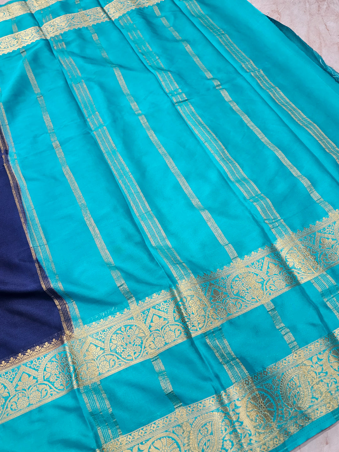 MYSORE CREPE IN NAVY BLUE WITH SEA GREEN COLOUR