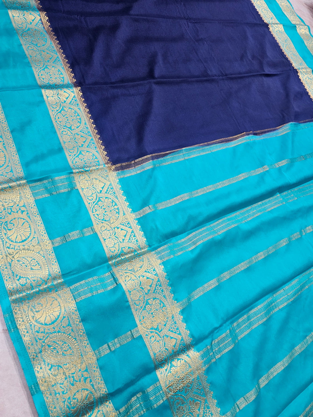 MYSORE CREPE IN NAVY BLUE WITH SEA GREEN COLOUR