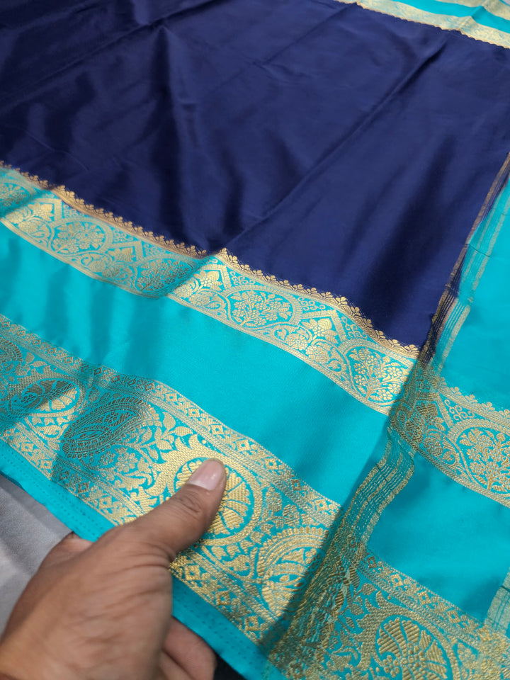 MYSORE CREPE IN NAVY BLUE WITH SEA GREEN COLOUR