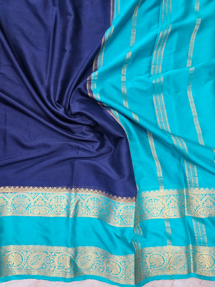 MYSORE CREPE IN NAVY BLUE WITH SEA GREEN COLOUR