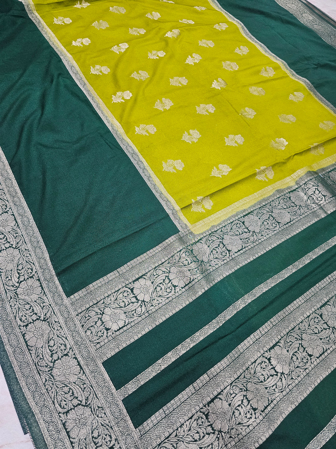 KHADDI GEROGETTE IN LEMON WITH BOTTLE GREEN BORDER