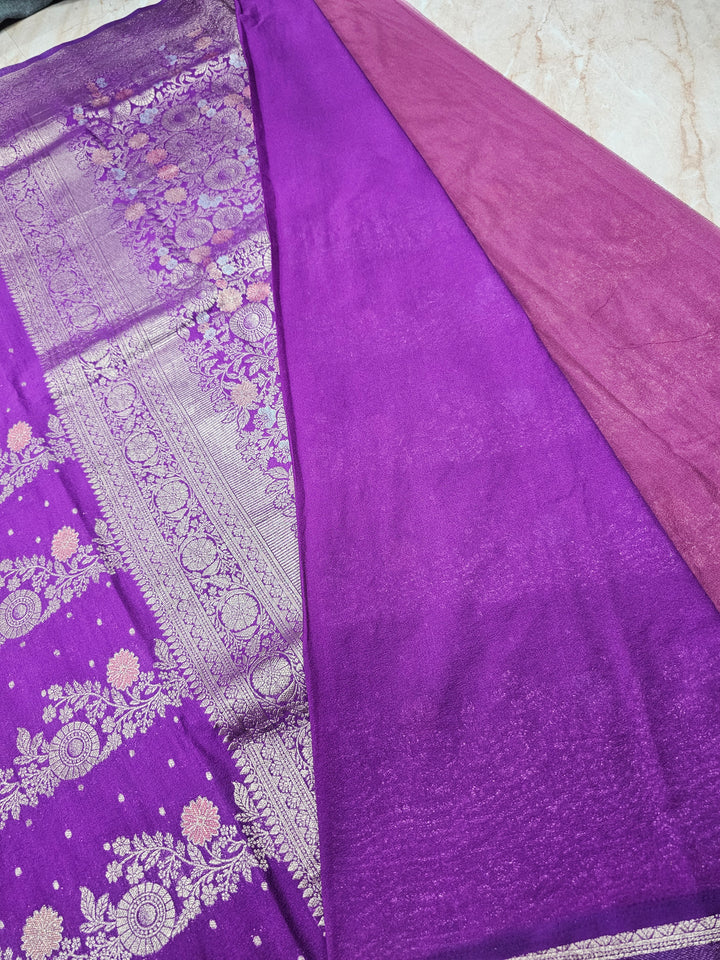 KHADDI GEROGETTE IN LAVENDER COLOUR WITH MULTI COLOUR ZARI WORK