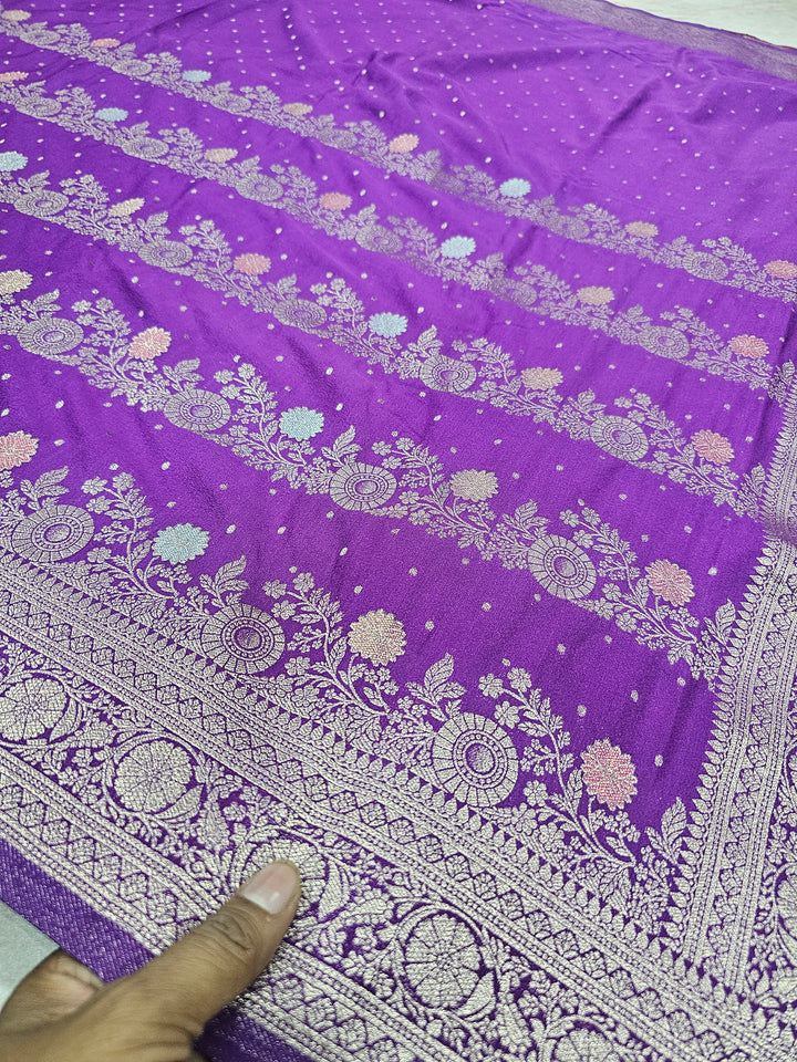 KHADDI GEROGETTE IN LAVENDER COLOUR WITH MULTI COLOUR ZARI WORK