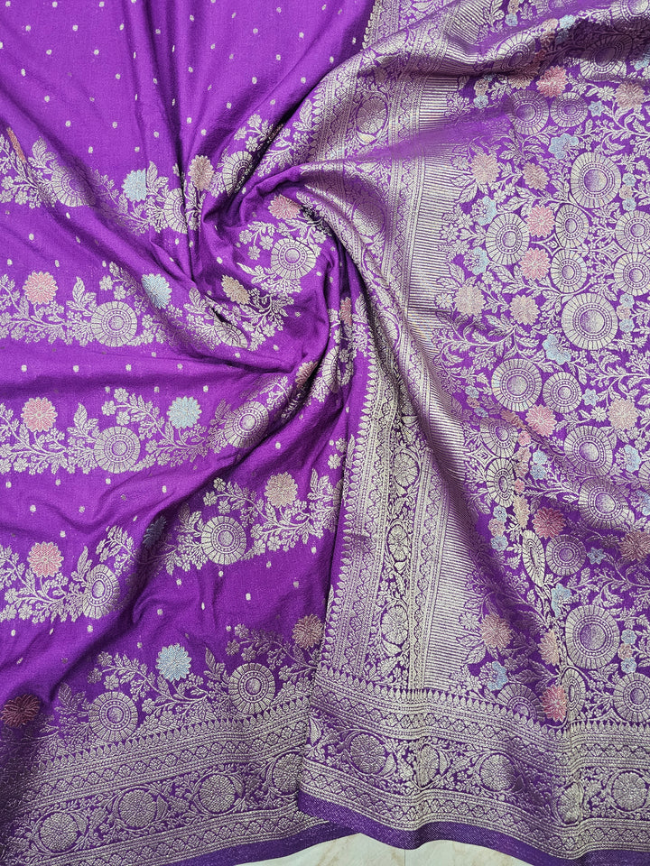 KHADDI GEROGETTE IN LAVENDER COLOUR WITH MULTI COLOUR ZARI WORK