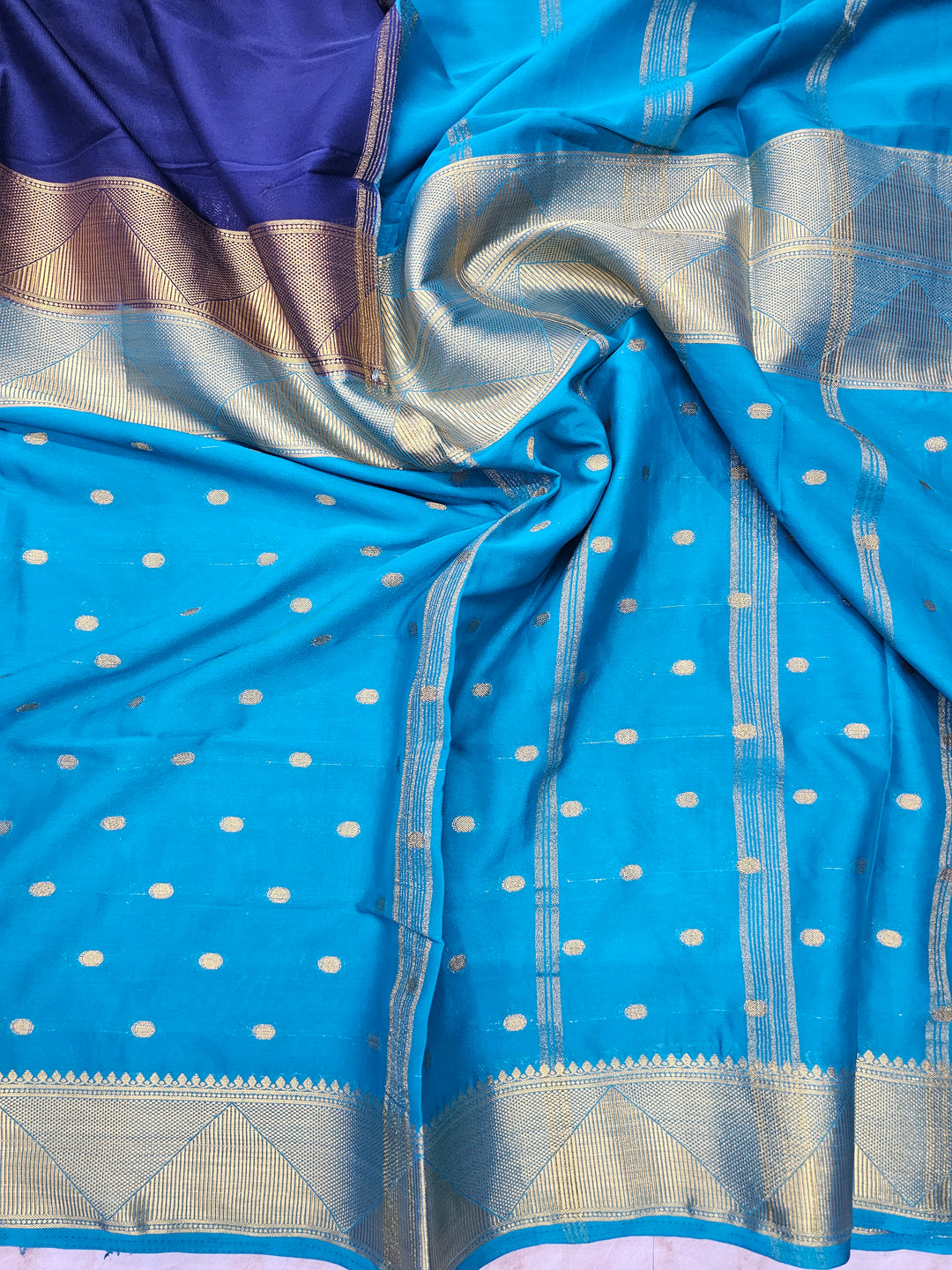 MYSORE CREPE IN NAVY BLUE WITH ROYAL BLUE