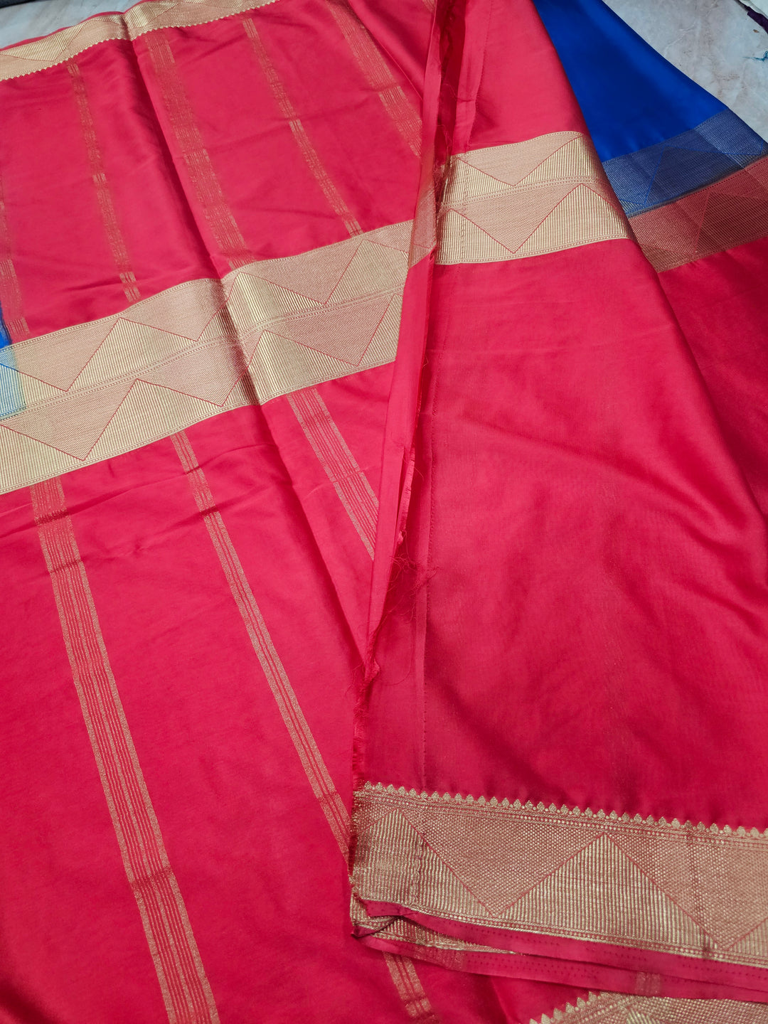 MYSORE CREPE IN ROYAL BLUE WITH RED BORDER