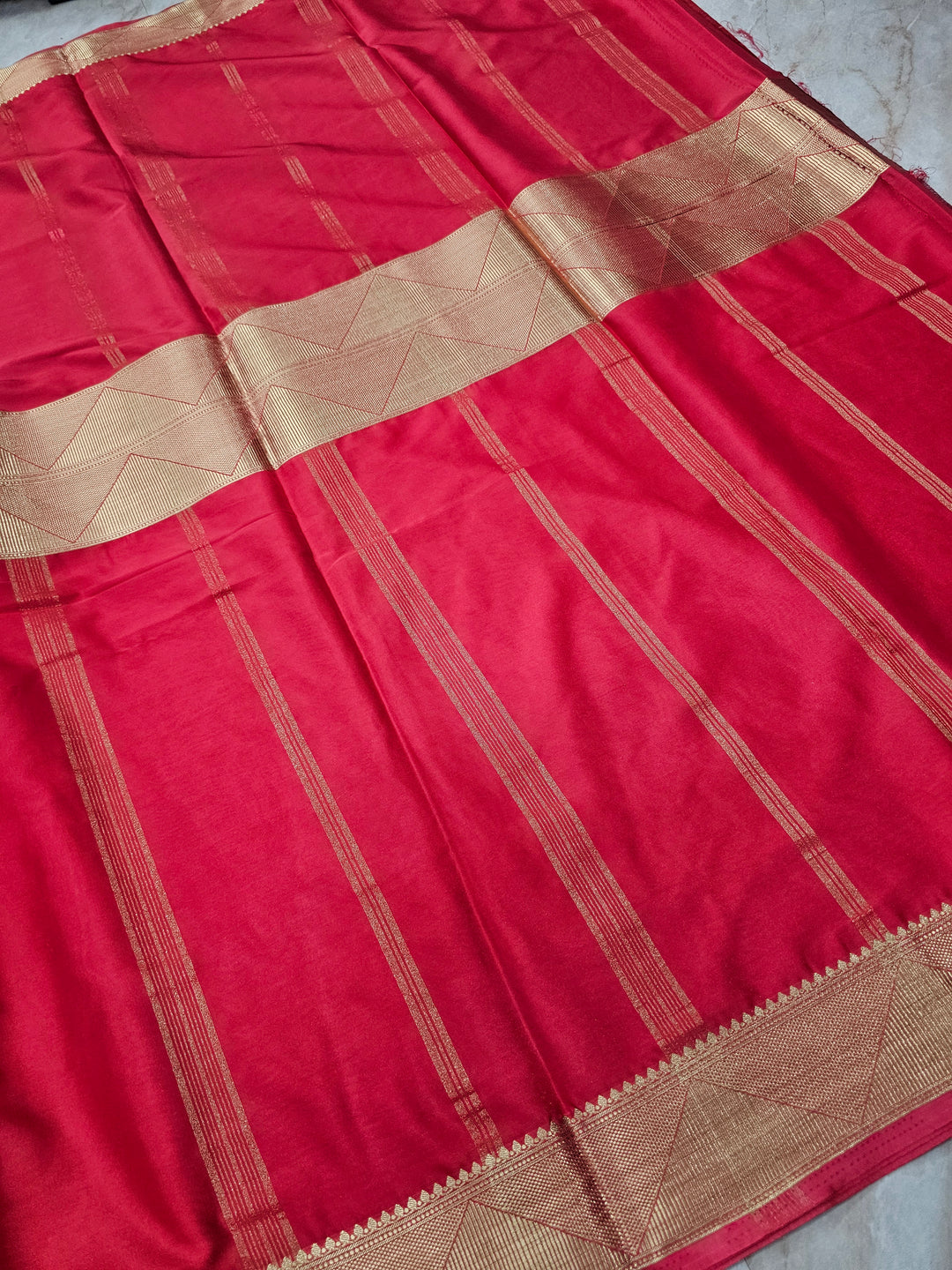 MYSORE CREPE IN ROYAL BLUE WITH RED BORDER