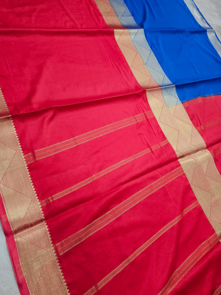 MYSORE CREPE IN ROYAL BLUE WITH RED BORDER