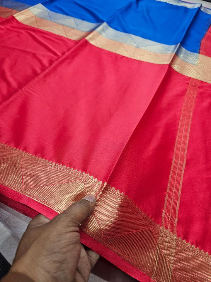 MYSORE CREPE IN ROYAL BLUE WITH RED BORDER