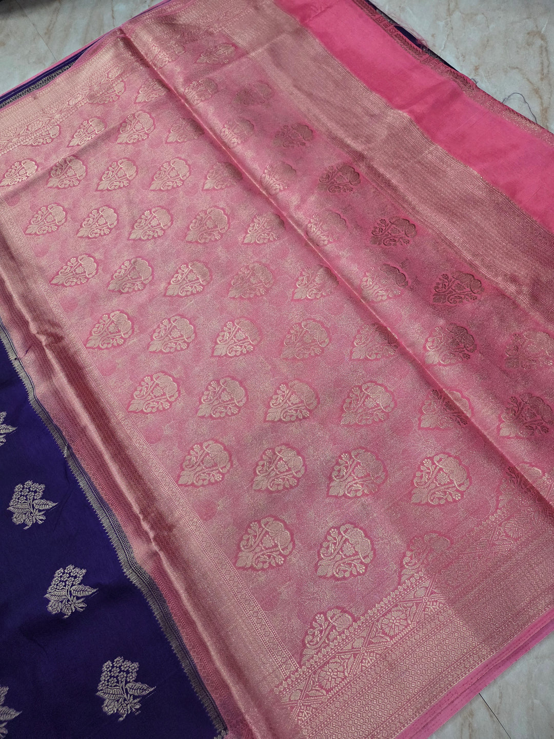 RUSSIAN SILK IN NAVY BLUE WITH BABY PINK BORDER