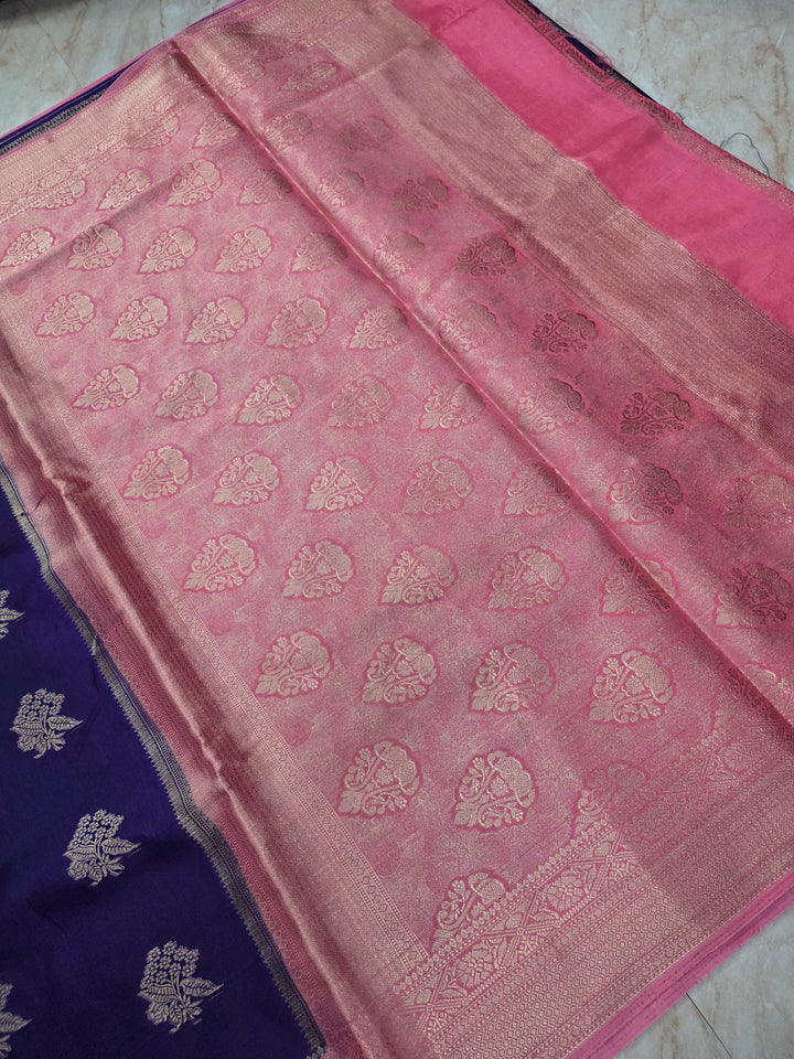 RUSSIAN SILK IN NAVY BLUE WITH BABY PINK BORDER