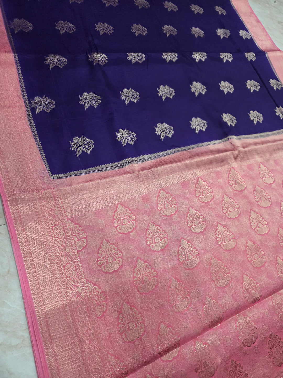 RUSSIAN SILK IN NAVY BLUE WITH BABY PINK BORDER