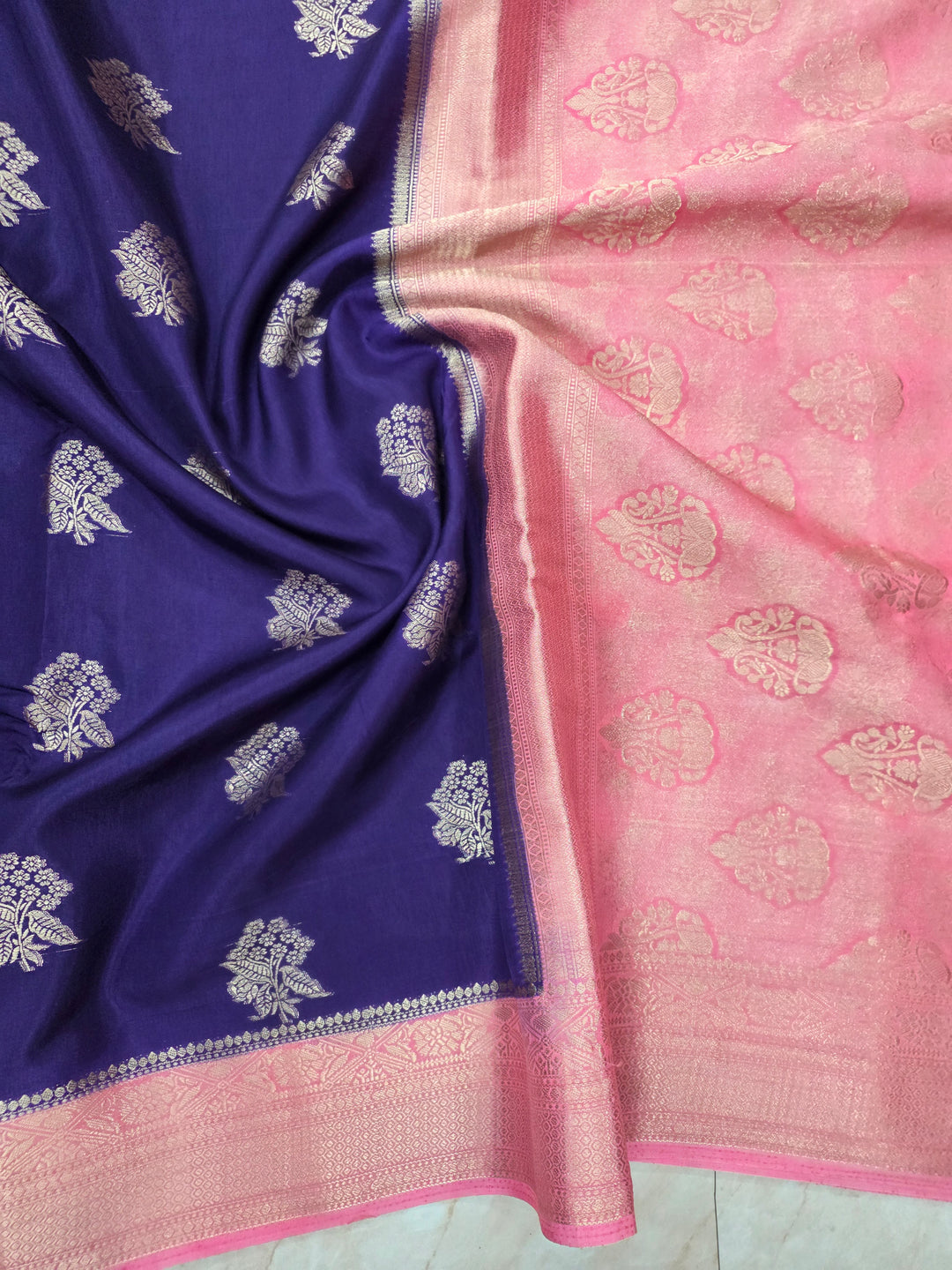 RUSSIAN SILK IN NAVY BLUE WITH BABY PINK BORDER