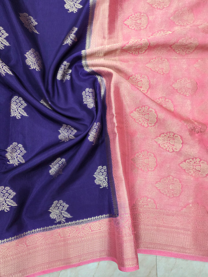 RUSSIAN SILK IN NAVY BLUE WITH BABY PINK BORDER