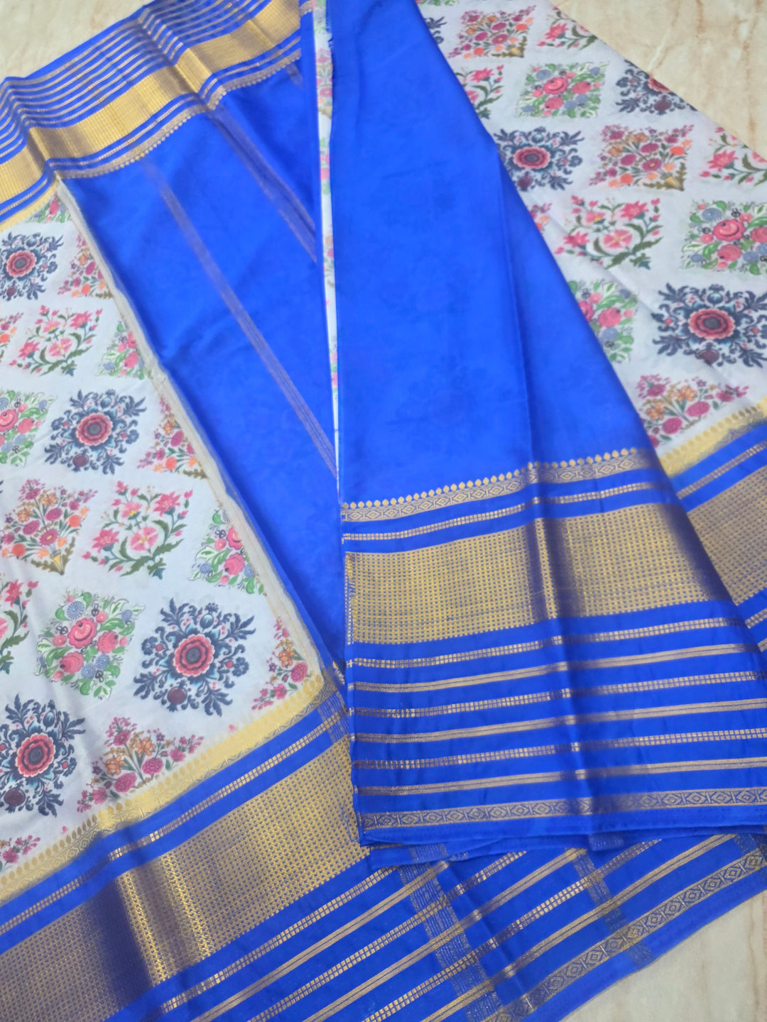 DIGITAL PRINT CREPE WITH ROYAL BLUE BORDER