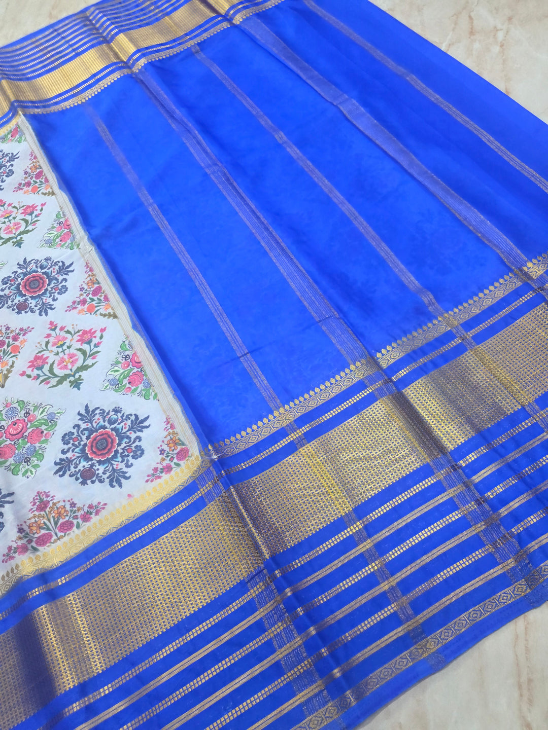 DIGITAL PRINT CREPE WITH ROYAL BLUE BORDER