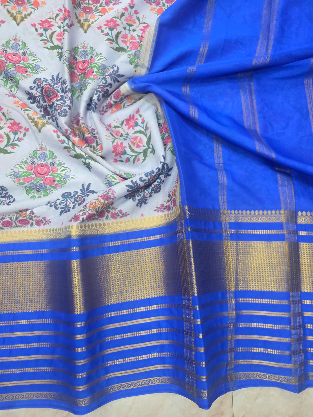 DIGITAL PRINT CREPE WITH ROYAL BLUE BORDER