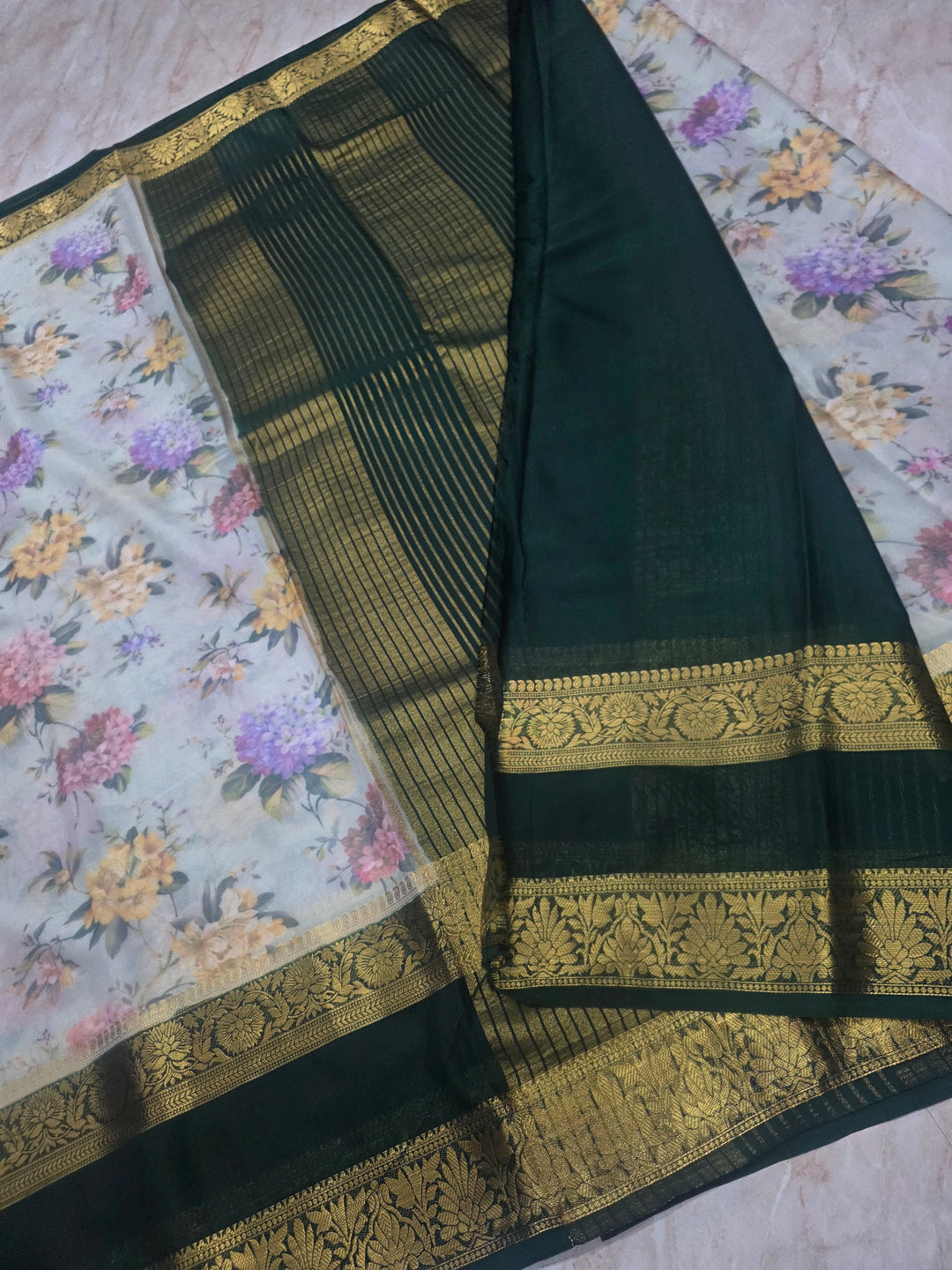 DIGITAL PRINT CREPE WITH BOTTLE GREEN BORDER