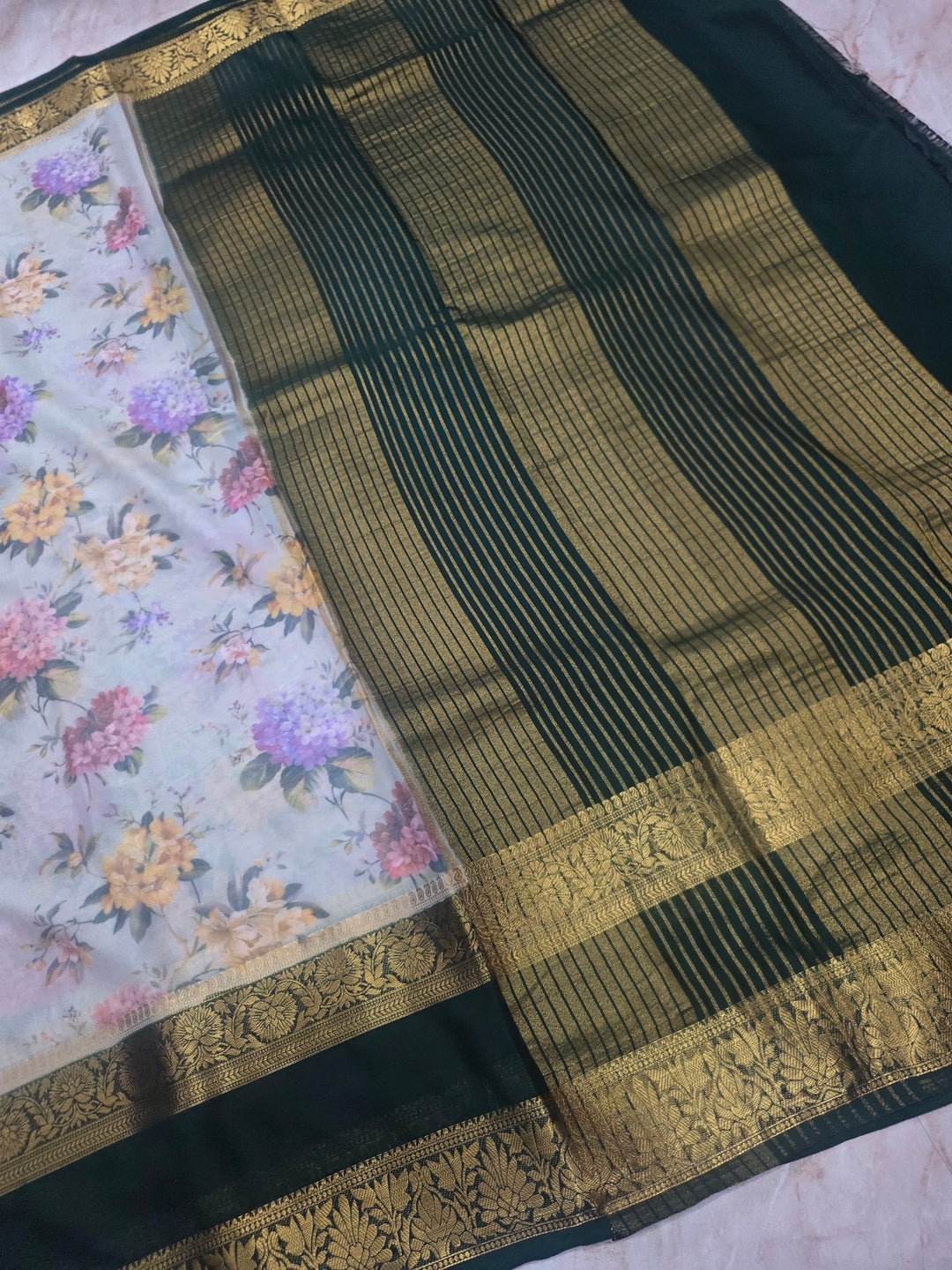 DIGITAL PRINT CREPE WITH BOTTLE GREEN BORDER