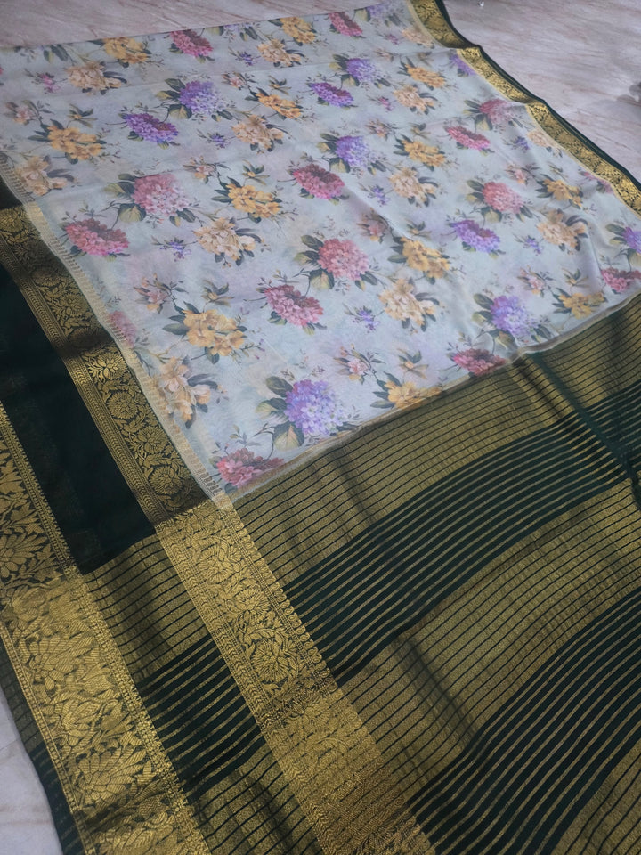 DIGITAL PRINT CREPE WITH BOTTLE GREEN BORDER