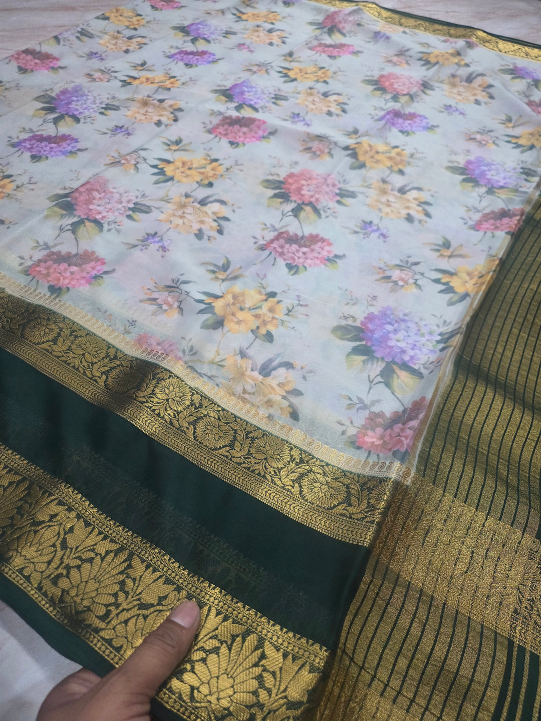 DIGITAL PRINT CREPE WITH BOTTLE GREEN BORDER