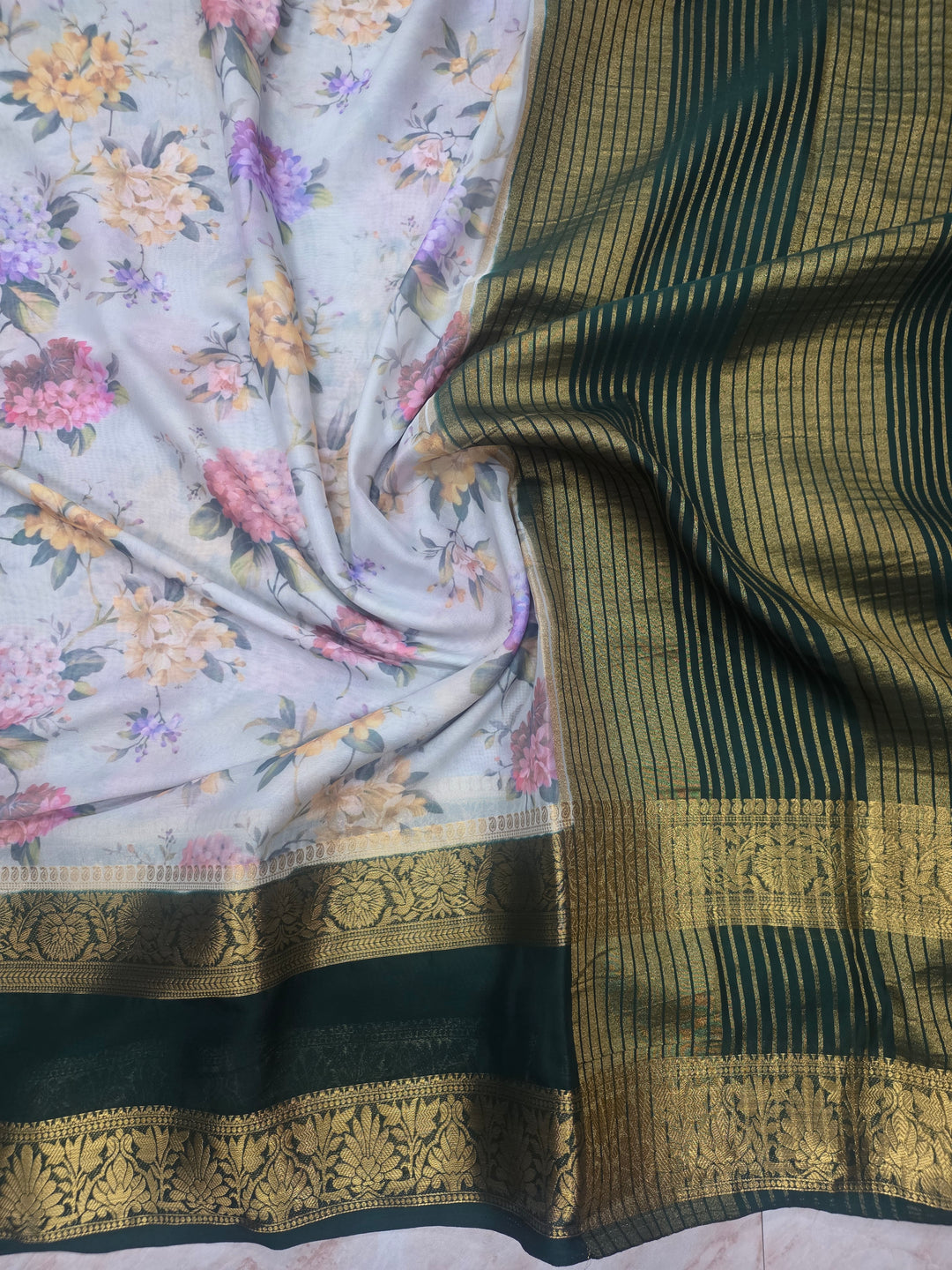 DIGITAL PRINT CREPE WITH BOTTLE GREEN BORDER