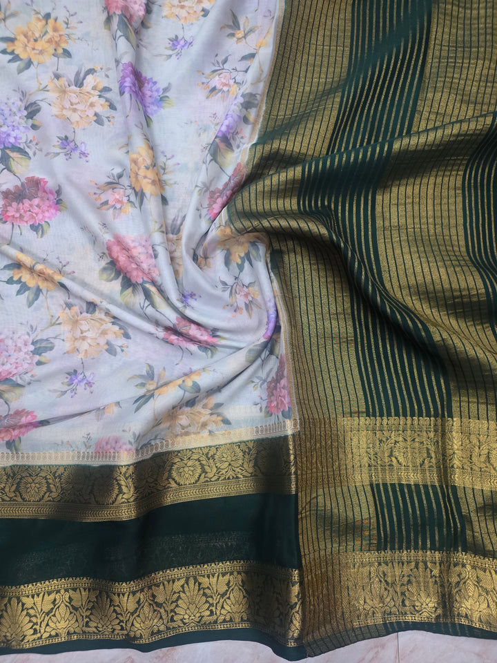 DIGITAL PRINT CREPE WITH BOTTLE GREEN BORDER