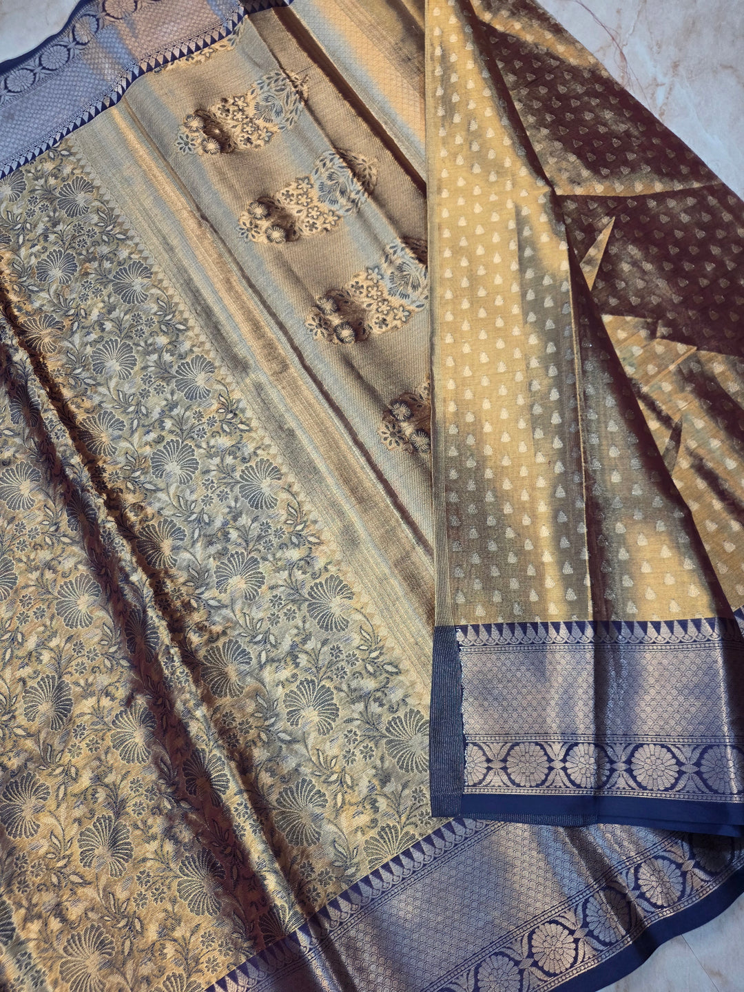 KASHMIRI ALFI TISU WITH NAVY BLUE BORDER