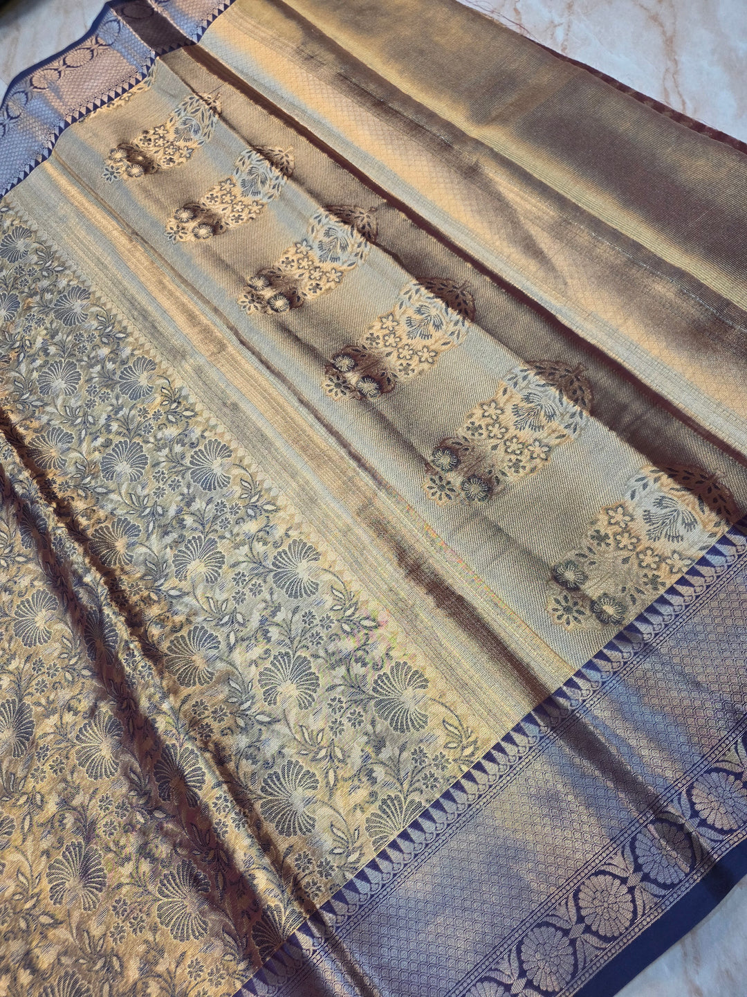 KASHMIRI ALFI TISU WITH NAVY BLUE BORDER